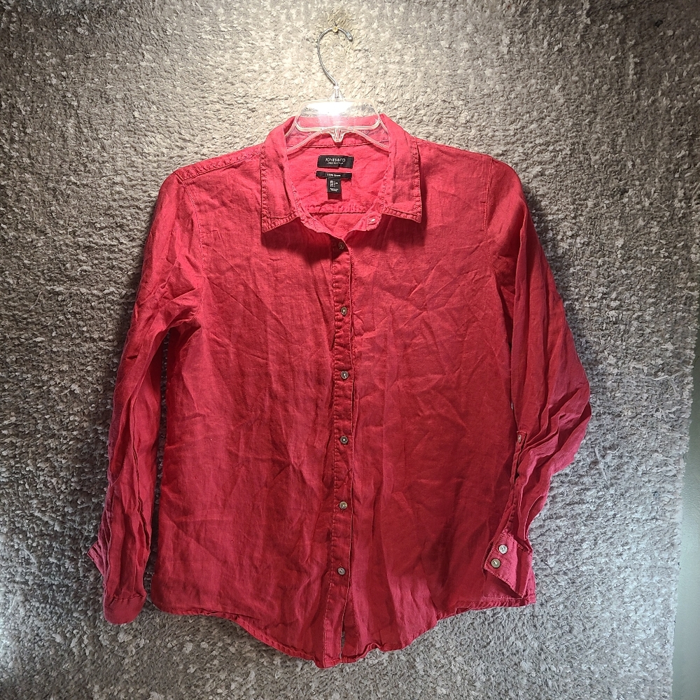 Jones & Co Women Linen Pink Roll Tab Sleeve Shirt Blouse Button Top Blouse